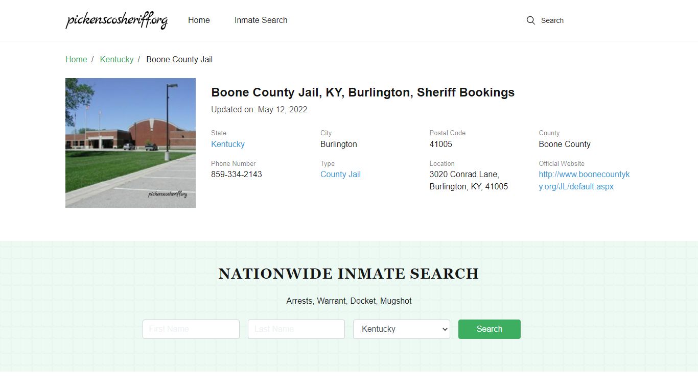 Boone County Jail, KY, Burlington, Sheriff Bookings